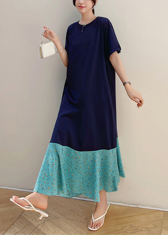 Navy Print Patchwork Fake Two Pieces Maxi Dresses Short Sleeve Tt1041