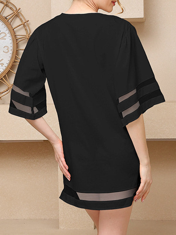 A-line Half Sleeves Mesh Color Split-joint Round-neck Mini Dresses