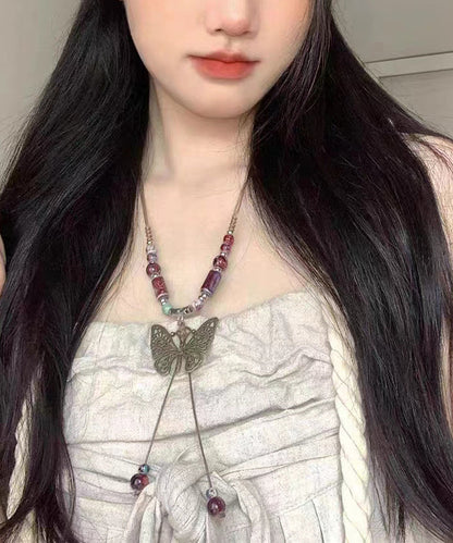 Red Alloy Gem Stone Butterfly Hollow Out Pendant Necklace