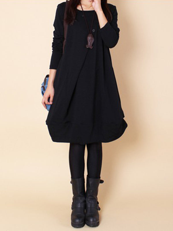 A-line Long Sleeves Pleated Color Round-neck Dresses Maxi Dresses