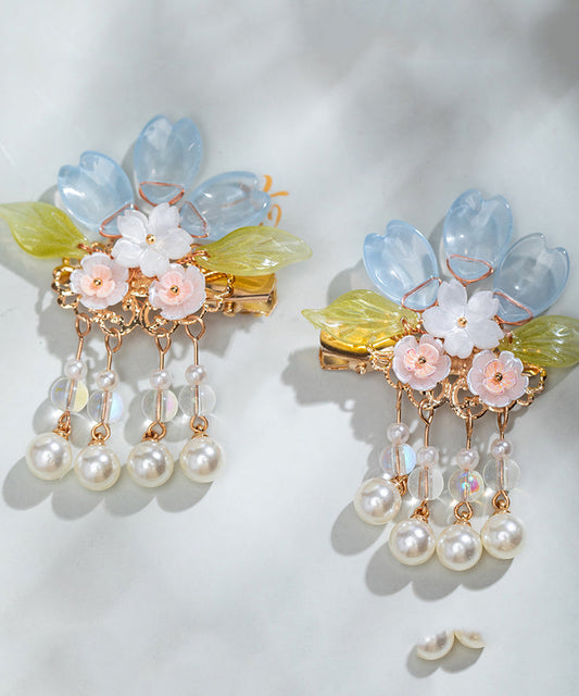 Diy Colorblock Copper Alloy Pearl Colored Glaze Tassel a Pair Hairpin