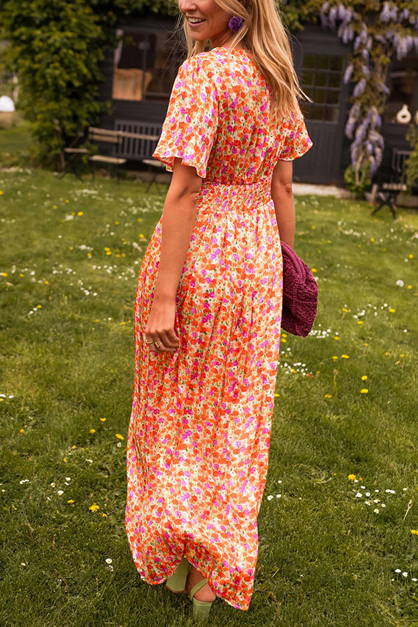 Print V-neck Short Sleeve Waist Maxi Dress