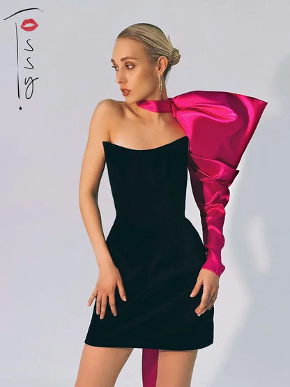 Bandage One Shoulder Lantern Sleeve Mini Dress Party Patchwork Backless Night Bodycon Clubwear Dress