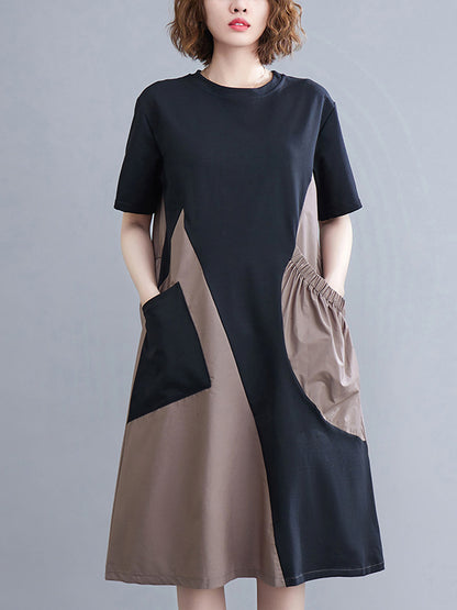 Original Loose Split-joint Contrast Color Midi Dress