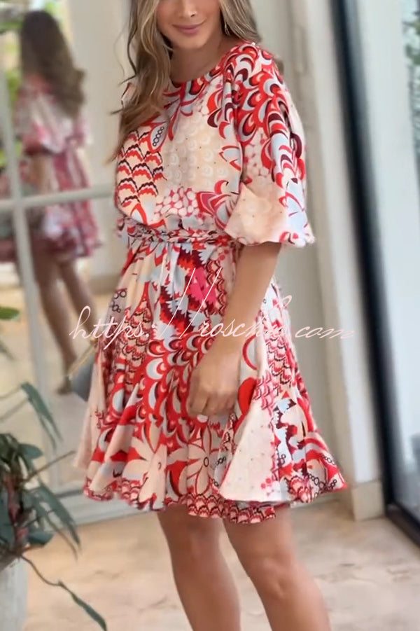 Unique Printed Round Neck Short Sleeve Waist Tie Vacation Mini Dress