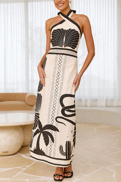 Palm Canyon Print Criss Cross Halter Maxi Dress