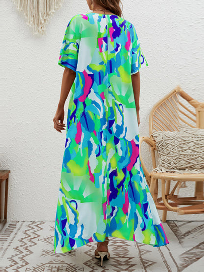 Loose Short Sleeves Contrast Color High-waisted Printed V-neck Maxi Dresses