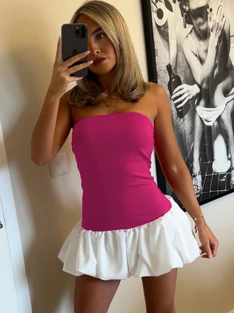Summer Ruffled Mini Dress for Contrast High Waist Bandeau Patchwork Backless Dress Female Mini Dress