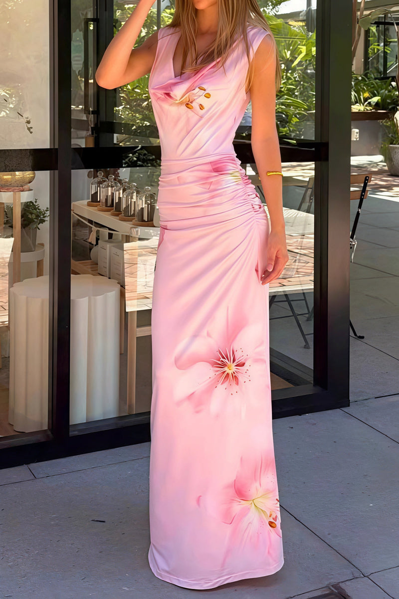 Print Draped Neck Slim Maxi Dress