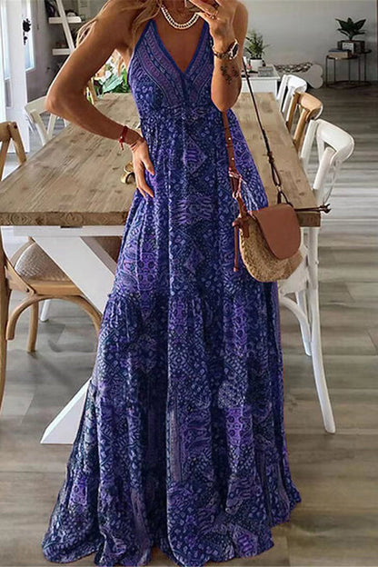 Celeste Printed Strap Elastic Waist Maxi Dresses