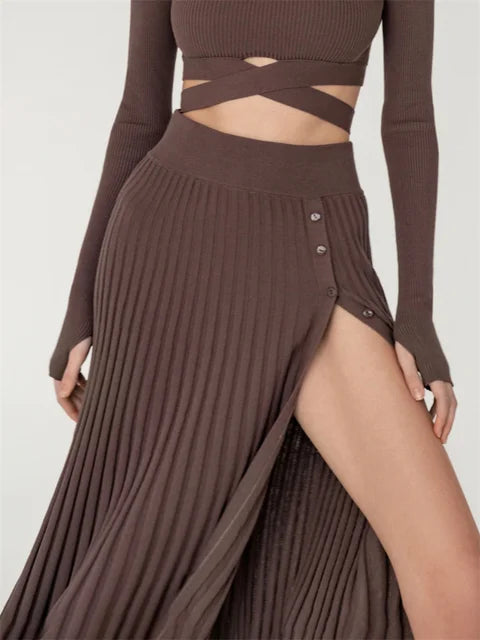 New White Knit Two Piece Sets Fall Ribbed Crop Top and Pleated Knitted Skirt Suits for Midi Dress Sets
