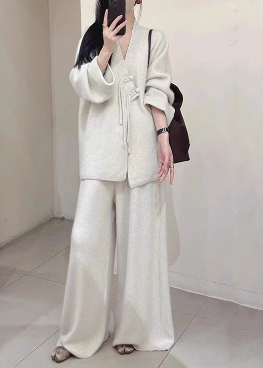 Brief Light Grey V Neck Button Knit Coats and Pants Two Piece Set Fall Wv028