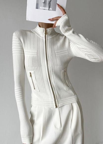 White Stand Collar Zip Up Patchwork Woolen Knit Cardigans Winter Rv036