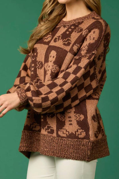 Christmas Gingerbread Man Round Neck Long Sleeve Loose Knit Sweater