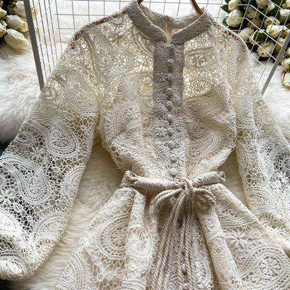 Apricot Cashew Flower Lace Embroidery Single Breasted Lantern Sleeve Midi Dress