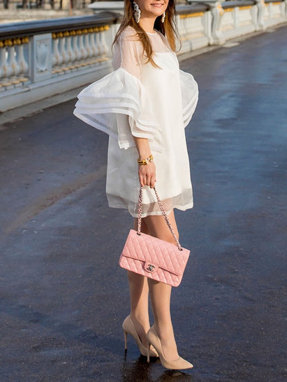 Long Sleeves Loose Falbala See-through Color Split-joint Round-neck Mini Dresses