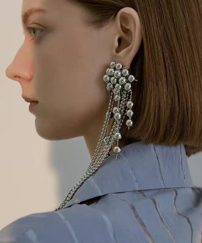 Silver Needle Single Piece Tassel Metal Ball Earrings