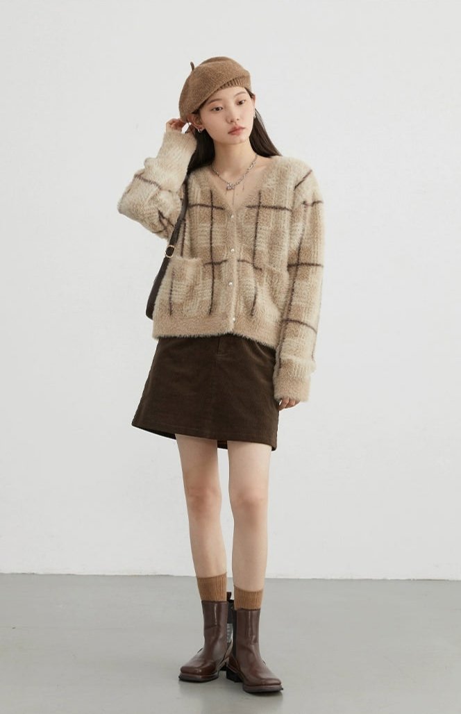 Plaid Fuzzy Cropped Cardigan