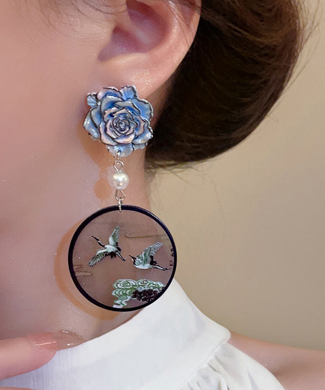 Chinese Style Blue Sterling Silver Pearl Crowned Crane Drop Earrings