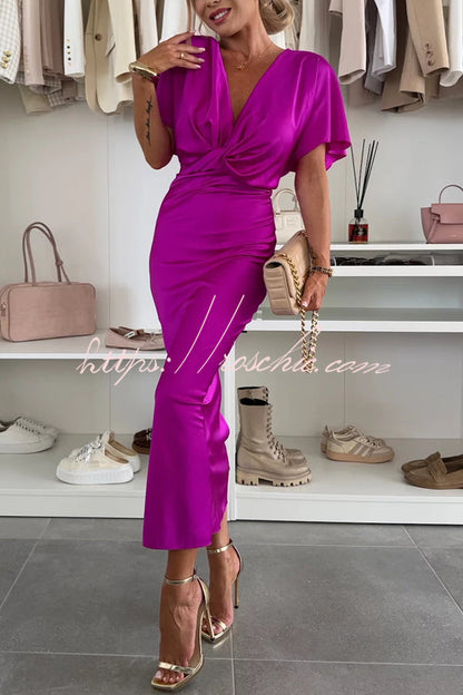 Satin Color V-neck Cross Knot Slim Maxi Dress