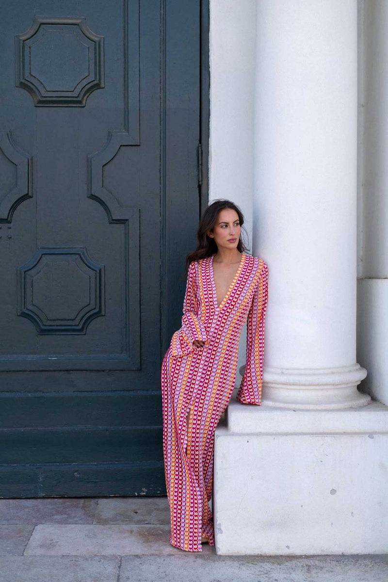 V Neck Bell Sleeve Wavy Striped Crochet Beach Vacation Maxi Dress
