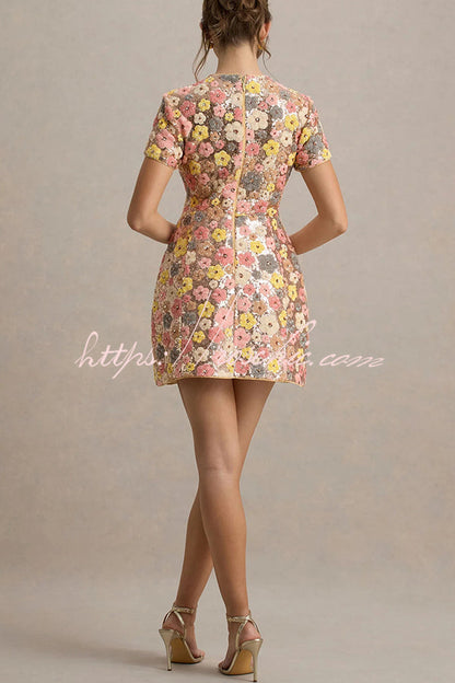 80's Inspired Print Sequin Short Sleeve Stretch Mini Dress