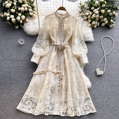 Apricot Cashew Flower Lace Embroidery Single Breasted Lantern Sleeve Midi Dress