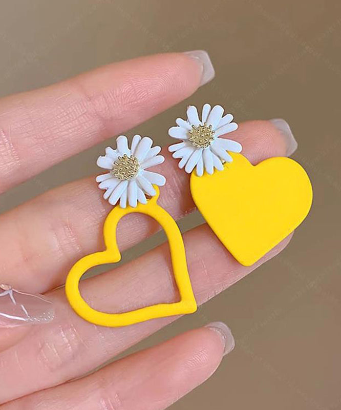Yellow Alloy Baked Enamel Asymmetrical Love Stud Earrings