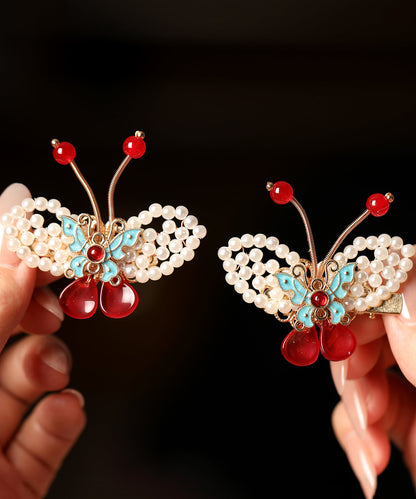 Red Alloy Pearl Colored Glaze Butterfly Kids a Pair Hairpin