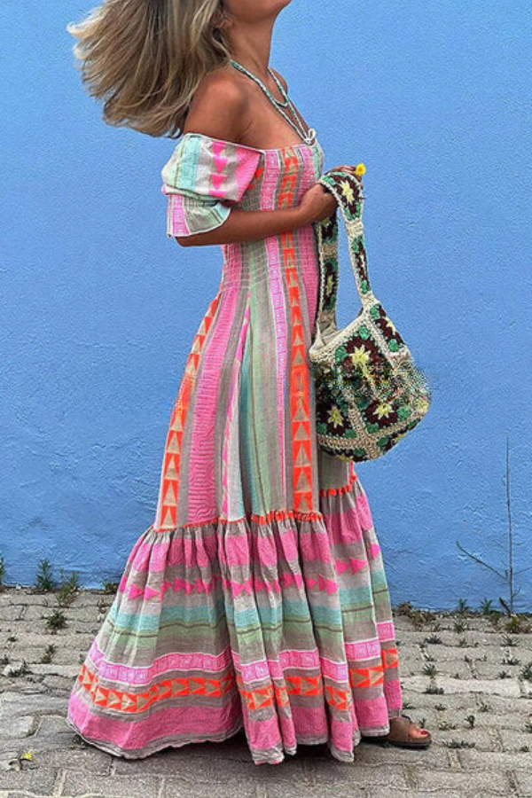Music Festival Geometric Color Block Pocketed Smocked Maxi Dress