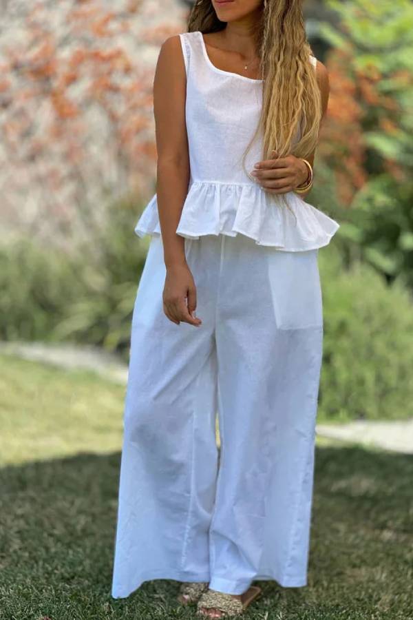Cotton and Linen Color Sleeveless Top \u0026 Wide Leg Pants Two-piece Set