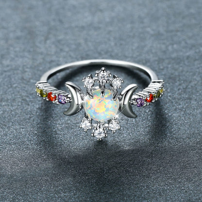 White Opal Triple Moon Goddess Ring