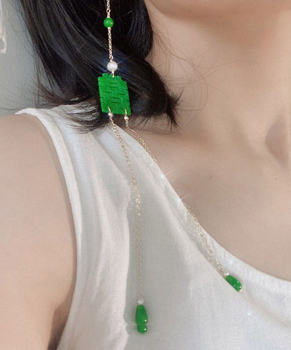 Dry Green Jade Overgild Jade Pearl Tasserl Drop Earrings