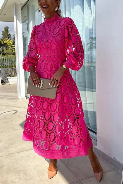 Romantic, Sensual and Crochet Lace Lantern Sleeve Party Midi Dress