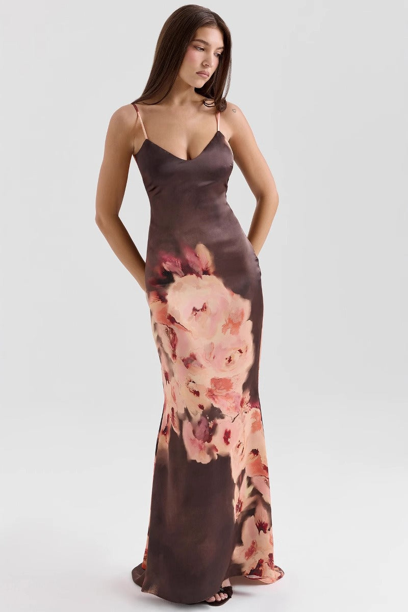Spaghetti Strap V-neck Backless Waist Tie Maxi Dress