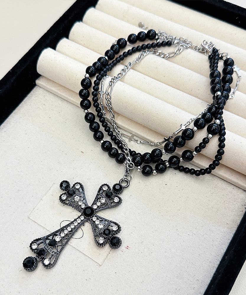 Black Zircon Cross Multilayer Beads Gratuated Bead Necklace