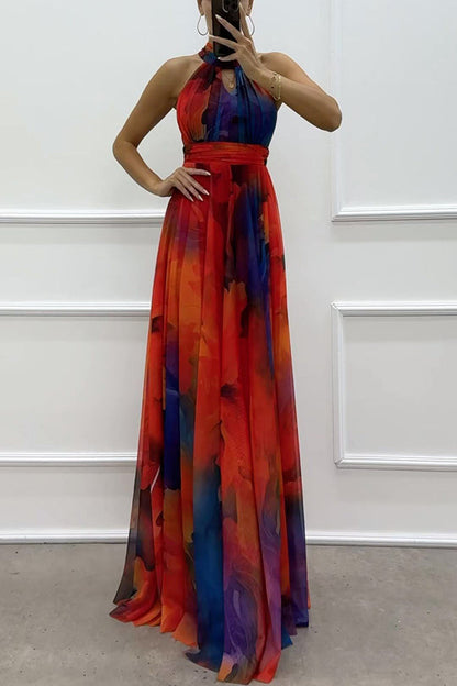 Elaine Tulle Splash Print Cutout Halter Tie-up Neck Gown Maxi Dress