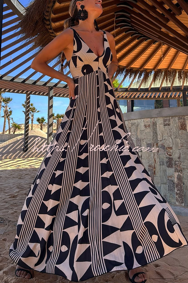 Sabine Geometric Print V-neck Back Smocked A-line Maxi Dress