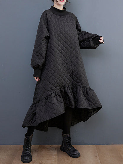 Long Sleeves A-line Rhombic Falbala High-neck Midi Dresses
