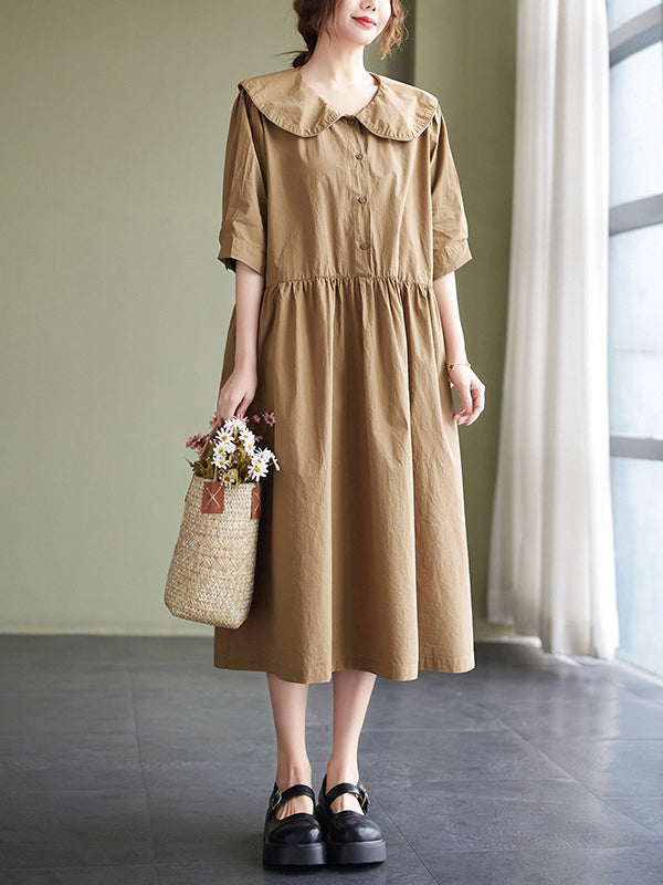 Original Loose Color Buttoned Pleated Midi Dress