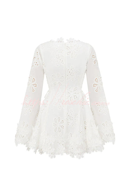 Diaz Embroidery Hollow Fabric Delicate Flower Trim Long Sleeve Side Lace-up Mini Dress