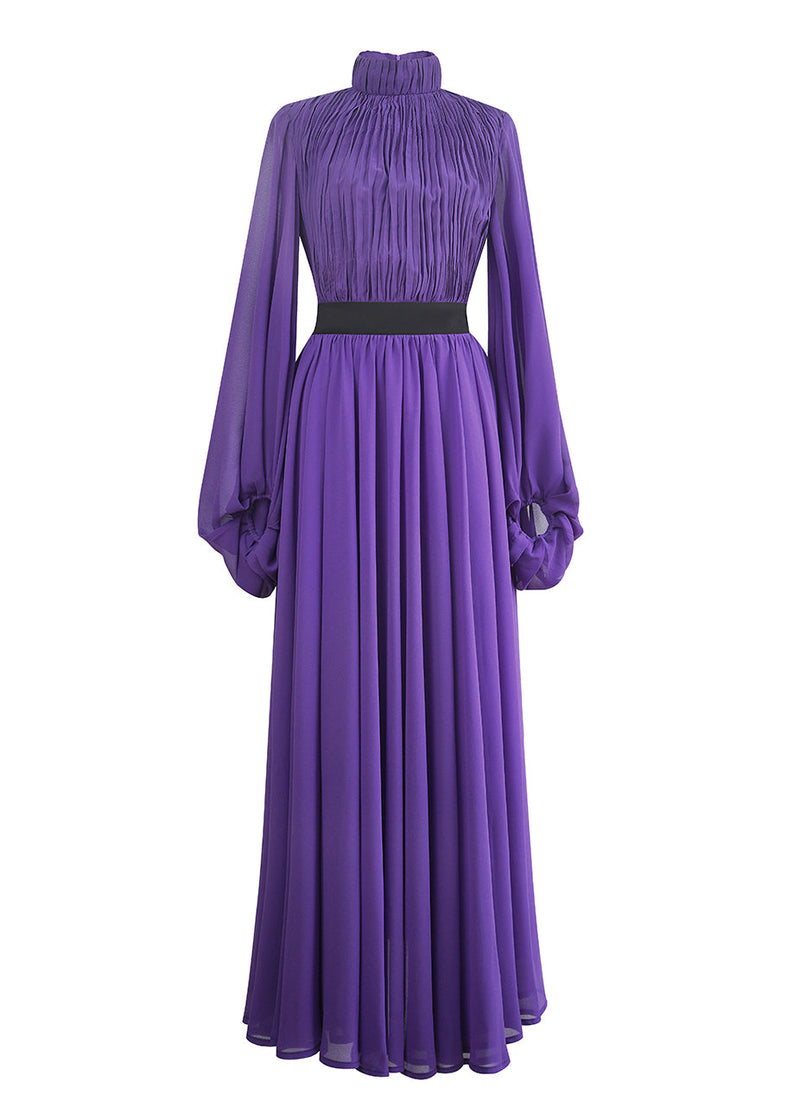 Stand Silk Wrinkled Italian Purple Long Dresses Lantern Collar