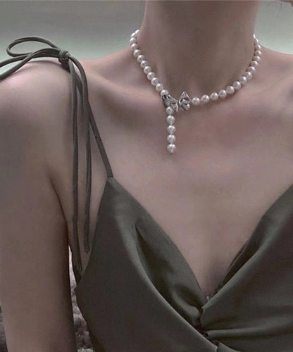 White Pearl Bow Zircon Pendant Necklace
