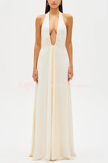 Silhouette Deep U-neck Halter Waterfall Sash Drape Maxi Dress