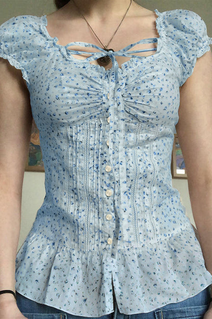 Tie Buttoned Puff Sleeve Blouse