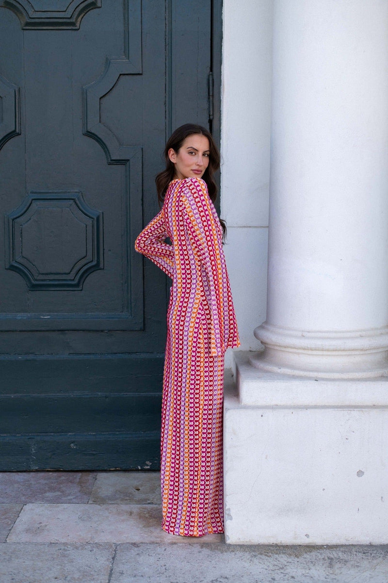 V Neck Bell Sleeve Wavy Striped Crochet Beach Vacation Maxi Dress