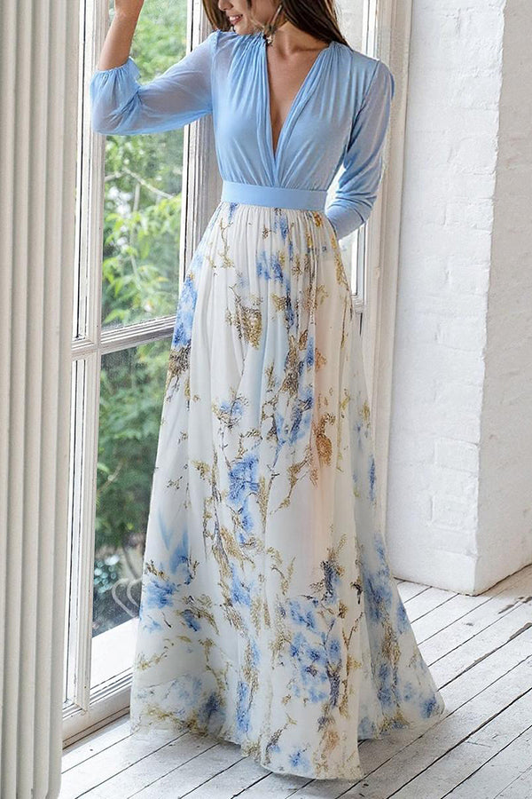 Plant Print V-neck Long Sleeve Stitching Maxi Dress