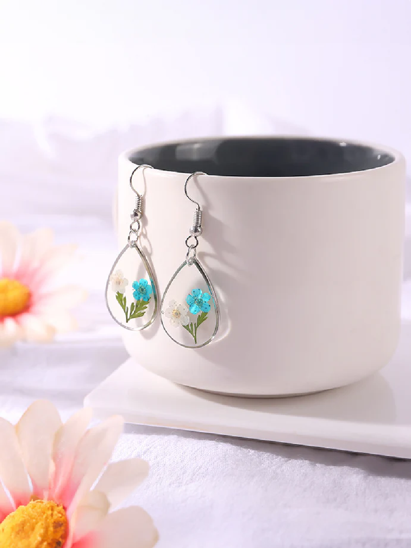 Van Gogh Water Color Pressed Flower Tear Drop Earrings
