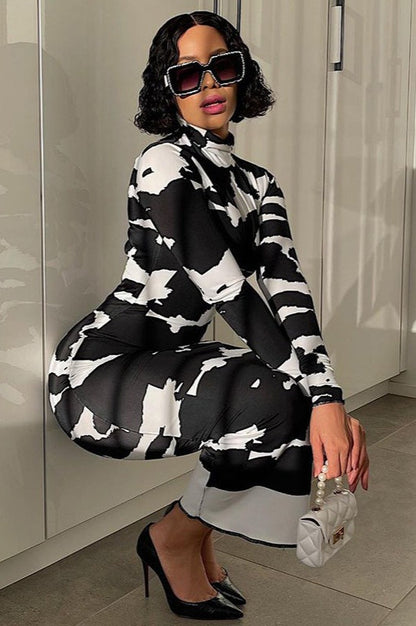 Print High Neck Long Sleeve Bodycon Maxi Dress