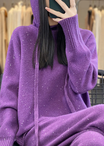 Organic Black Hooded Sweaters and Pants Woolen Two Pieces Set Fall Wv018